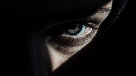 Silhouetted face with only the eyes visible through a veil of darkness, symbolizing mystery and hidden emotionsの素材