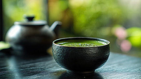 Richly colored Japanese matcha in a minimal black bowl with blurred teaware in the backgroundの素材