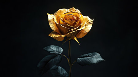 Realistic D golden rose placed elegantly in the center of a minimalist black settingの素材