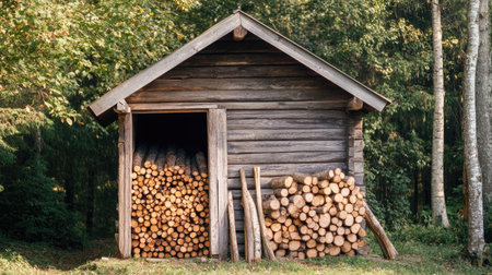 Side view of a simple wooden shed holding firewood, with chopped logs extending out, highlighting natural outdoor elementsの素材