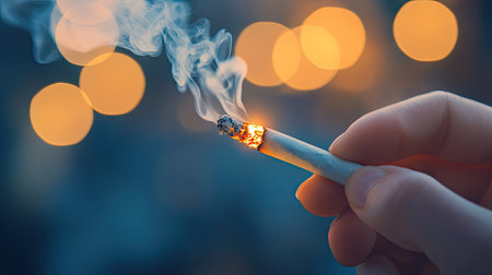 Side profile of a hand releasing smoke from a lit cigarette, with soft bokeh lights in the backgroundの素材