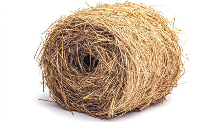 Round bundle of dry hay with coarse texture isolated on a white backdrop, perfect for agricultural or countryside themesの素材