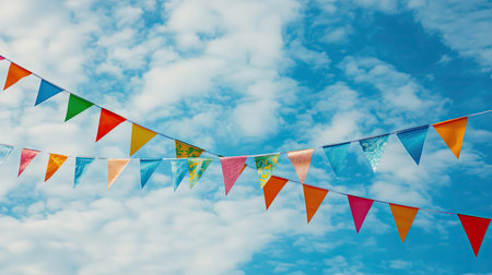 Row of multicolored triangle flags waving dynamically against a soft cloudy sky, evoking fun and outdoor eventsの素材