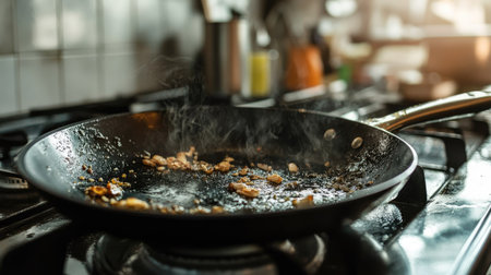 Side view of a dirty frying pan on a stove, showing grease splatters and leftover food bits from recent cookingの素材