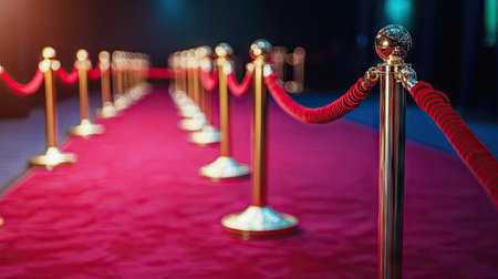 Shiny gold stanchions connected by red ropes creating an elegant pathway on the red carpetの素材