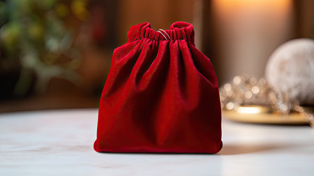 Small red velvet jewelry bag resting on a white surface, perfect for storing rings, earrings, or necklaces with a luxurious touchの素材