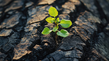 Small cluster of fresh leaves sprouting from cracked bark on a mature tree, representing hope and regenerationの素材