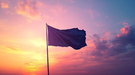 Silhouette of a fluttering flag at dusk, with colorful clouds and fading daylight forming a peaceful sky backgroundの素材