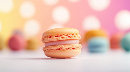 Single macaron in sharp focus with colorful blur of others behind it on a white background, emphasizing detail and depthの素材