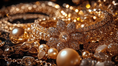 Stunning assortment of golden trinkets and fine jewelry sparkling in contrast to a black backgroundの素材