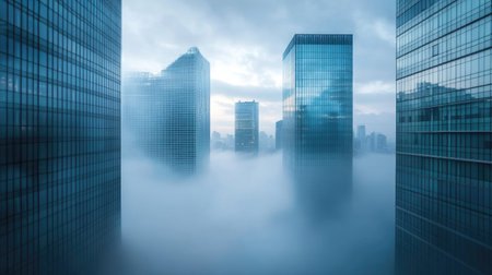 Skyscrapers emerging from a dense fog layer, with reflections on glass facades and a hazy skyline in the distanceの素材