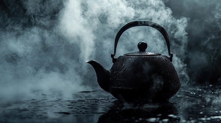 Steamy atmosphere as boiling water escapes from a black tea kettle, set against a textured dark backdropの素材