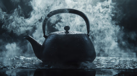 Steamy atmosphere as boiling water escapes from a black tea kettle, set against a textured dark backdropの素材
