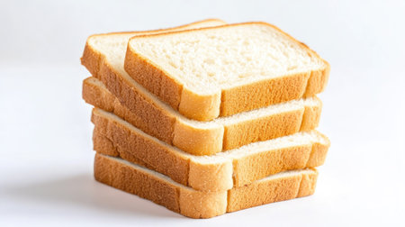 Stack of sliced sandwich bread on white background with soft light highlighting the soft crumbの素材