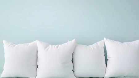 Soft white pillows arranged in a row on a bright background, ready for interior or bedding conceptの素材