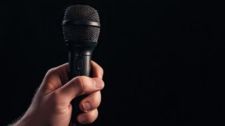 Studio shot of hand holding a modern wireless mic against a black background, perfect for podcasts, interviews, or broadcastingの素材