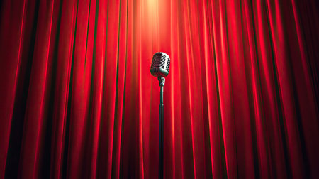 Spotlight shining on a single microphone in front of closed red velvet theater curtains, evoking a dramatic pre-show atmosphereの素材