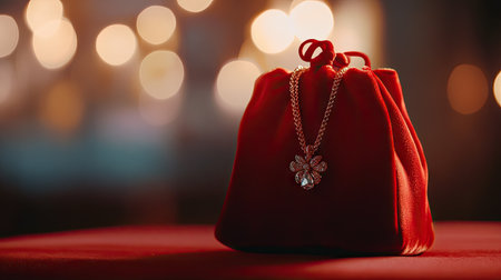 Soft focus image of a red velvet jewelry bag with a blurred sparkling necklace in the backgroundの素材