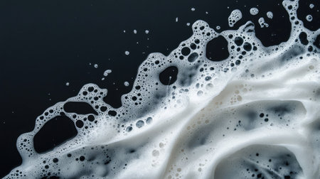 Thick lather of soap foam in irregular pattern, isolated on a dark black background, capturing cleansing and fresh imageryの素材