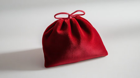 Small red velvet jewelry bag resting on a white surface, perfect for storing rings, earrings, or necklaces with a luxurious touchの素材