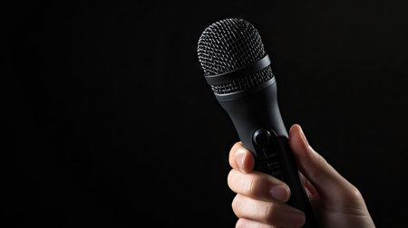 Studio shot of hand holding a modern wireless mic against a black background, perfect for podcasts, interviews, or broadcastingの素材