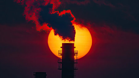 Sunset view of a chimney with smoke silhouetted sharply against the glowing orb of the setting sun, depicting the clash of nature and industryの素材