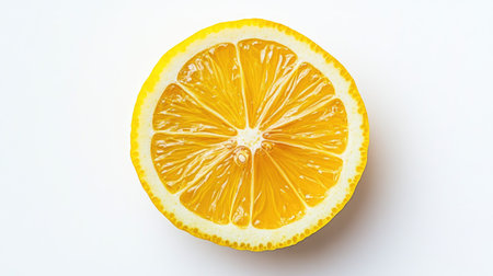 Thinly cut lemon slice placed on a white background, showing the intricate details of the fruit's pulp and rindの素材