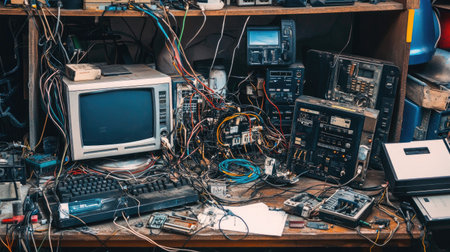 Tangled electrical wiring connected to various outdated electronic devices on cluttered deskの素材