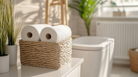 Toilet paper rolls stacked inside a storage basket in a bright and organized modern bathroomの素材