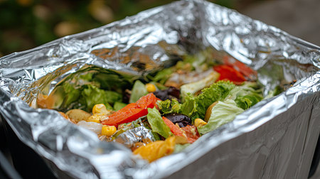 Used aluminum foil containers with food residue placed in a trash bin, concept of waste and recyclingの素材