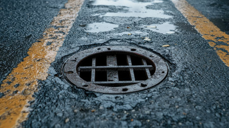Urban street view focusing on a circular iron drainage hole at the center of a weathered road, highlighting city infrastructureの素材