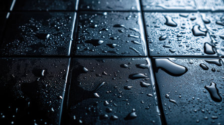 Wet bathroom tiles with transparent water droplets on a dark background, illustrating moisture and freshnessの素材