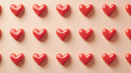 Uniform red heart motifs arranged in a grid over a pastel background, creating a soft, seamless romantic patternの素材