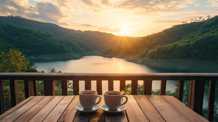View from a wooden balcony with coffee cups on a table, overlooking a peaceful lake and green hills at sunriseの素材