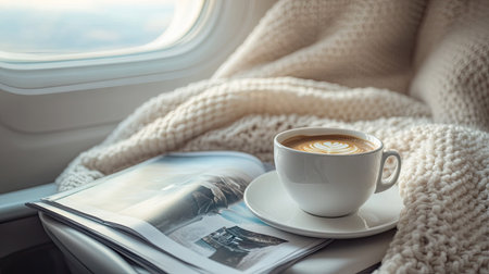 White ceramic coffee cup on a tray table in economy class, with a cozy blanket and travel magazine nearbyの素材