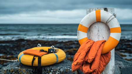 White rubber rescue ring attached to post with orange life jacket draped nearbyの素材