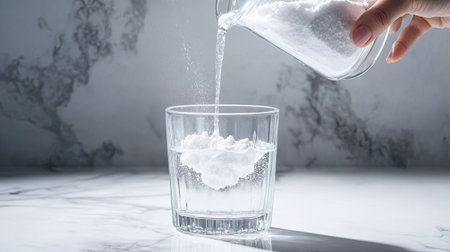 Woman's hand pouring collagen powder into a glass of water on marble surface with bright backgroundの素材