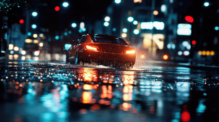 Urban scene with car driving through rain and puddles, reflections of streetlights shimmering on the wet road surfaceの素材