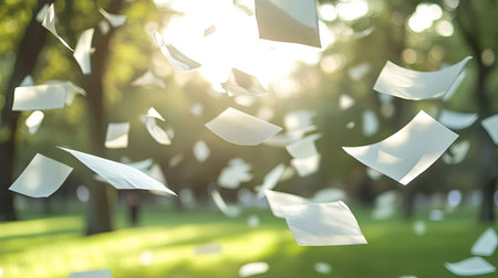 White papers fluttering in the air outdoors on a windy day with a green park softly out of focus behindの素材