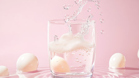 White collagen supplement powder mixing into a glass of water, bubbles forming on a pastel backdropの素材
