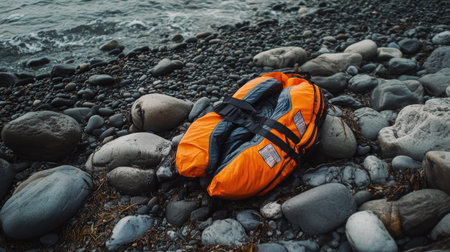 Worn-out orange life jacket on rocky beach, showing signs of rescue useの素材