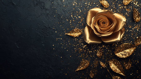 Luxurious golden rose lying next to scattered gold glitter on a textured black backgroundの素材