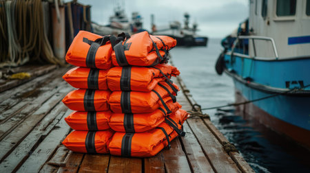 Stack of orange life jackets neatly arranged on a wooden dock near a fishing boatの素材
