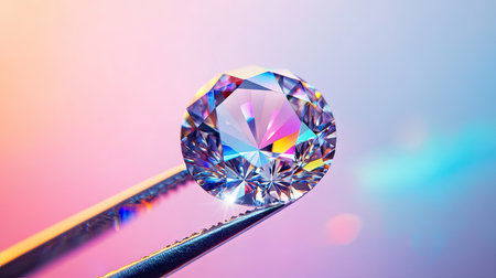 Studio image of diamond held in tweezers, with rainbow light dispersion across its facets on a clean, gradient backgroundの素材