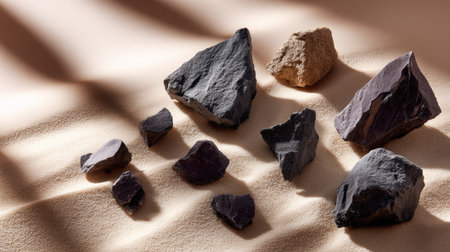 Assortment of dark rock fragments loosely spread on beige smooth background, sharp shadowsの素材