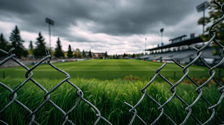 A football field in the distance through a tightly woven metal fence, with lush green grass and an empty stadium in the backgroundの素材
