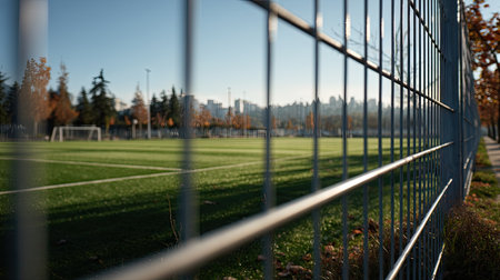 A view of the football pitch through a metal fence, showcasing the clean lines of the field and goalposts, no people presentの素材