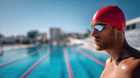 A male swimmer with swim cap and goggles, standing at the poolside, poised for a strong startの素材