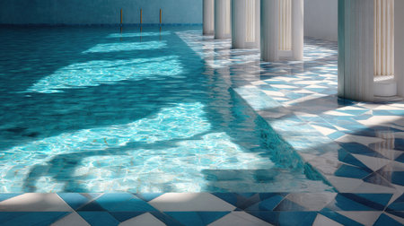 A modern, bright indoor pool with aqua-colored water and geometric tile patterns on the floor, no peopleの素材