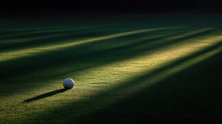 A solitary soccer ball on the field, the sun casting long shadows across the green turf with no one aroundの素材